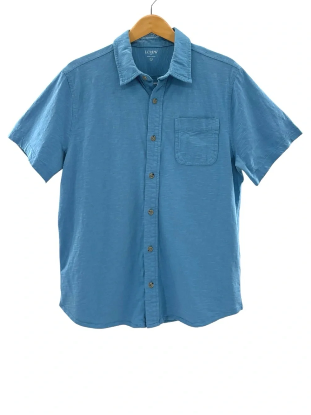 J.Crew Slub Knit Cotton Button Up Polo Blue Short Sleeve Shirt Size L